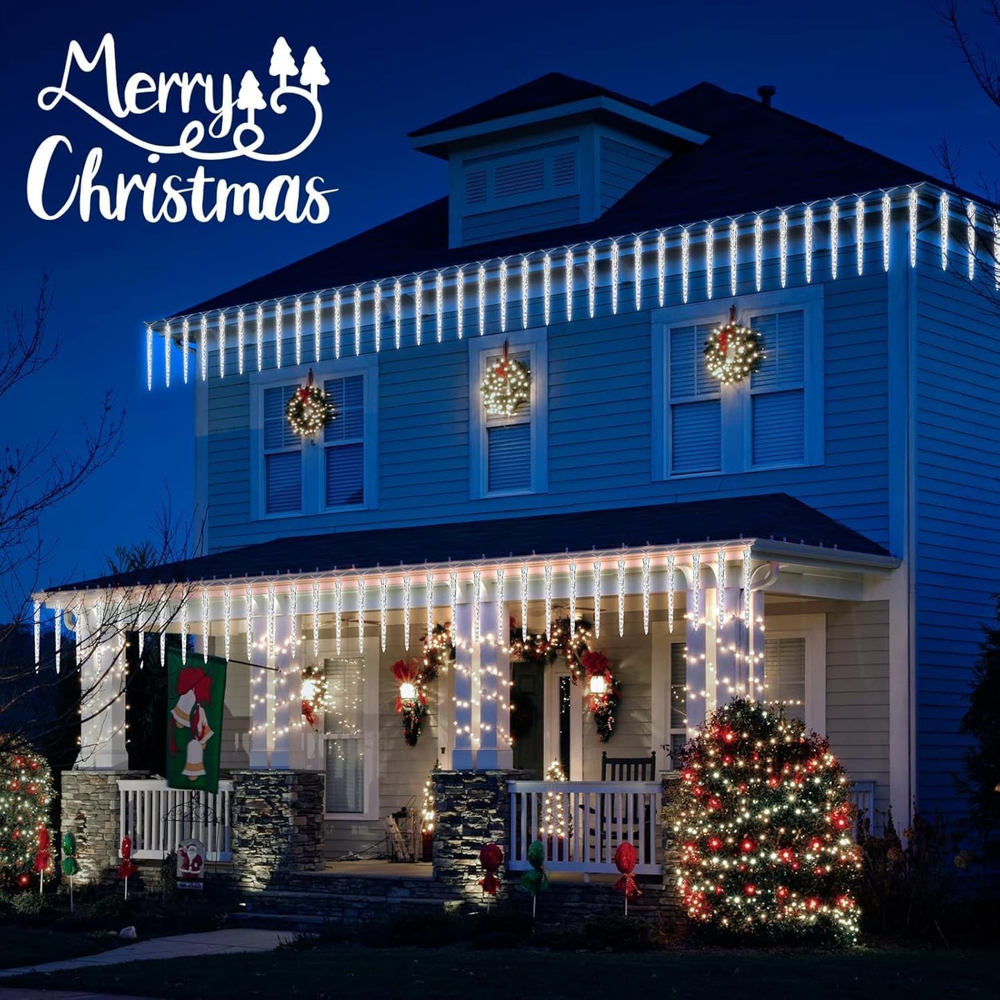 Brightown Christmas Meteor Shower Icicle Lights Outdoor, 30ft with 30 Tube 720 LED Dropping Effect, Waterproof Decorations for House Eave Roofline, Cool White