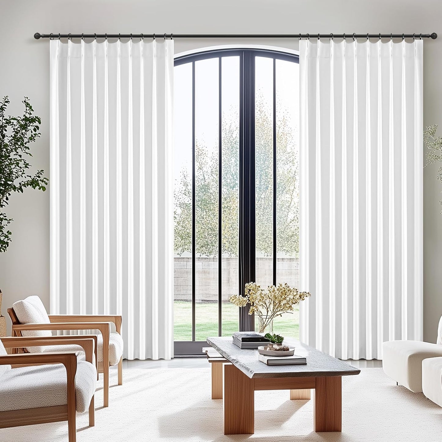 Bright White Full Blackout Natural Linen 100 Inch Curtains Para Sala 2 Panels Set, Memory Shape Pinch Pleated Room Darkening Drapes Insulated Sound Dampening 40 x 100 Inches Curtain for Dining Room