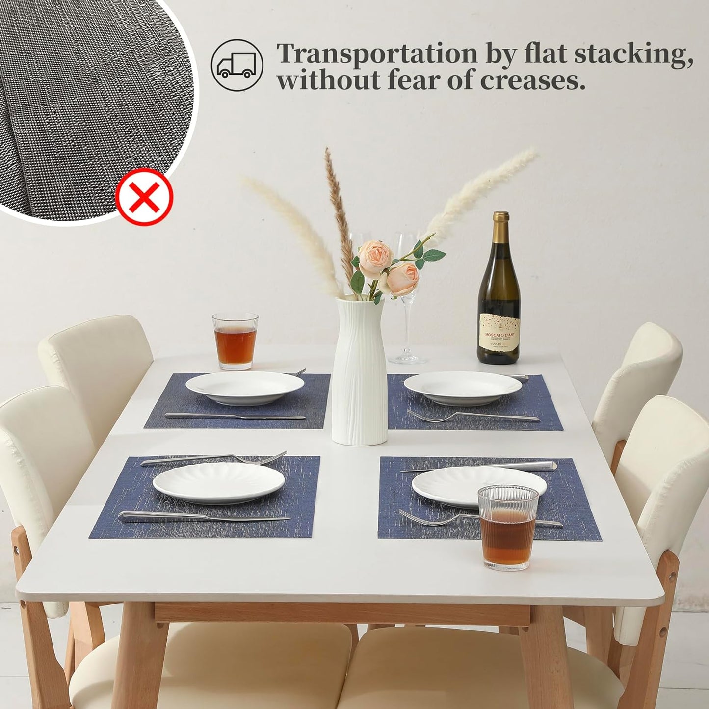 Leetaltree Denim Blue Placemats Set of 6 - Heat Resistant Non-Slip Place mats for Dining Table, Washable Durable PVC Vinyl Woven Table Mats(Denim Blue, 6)