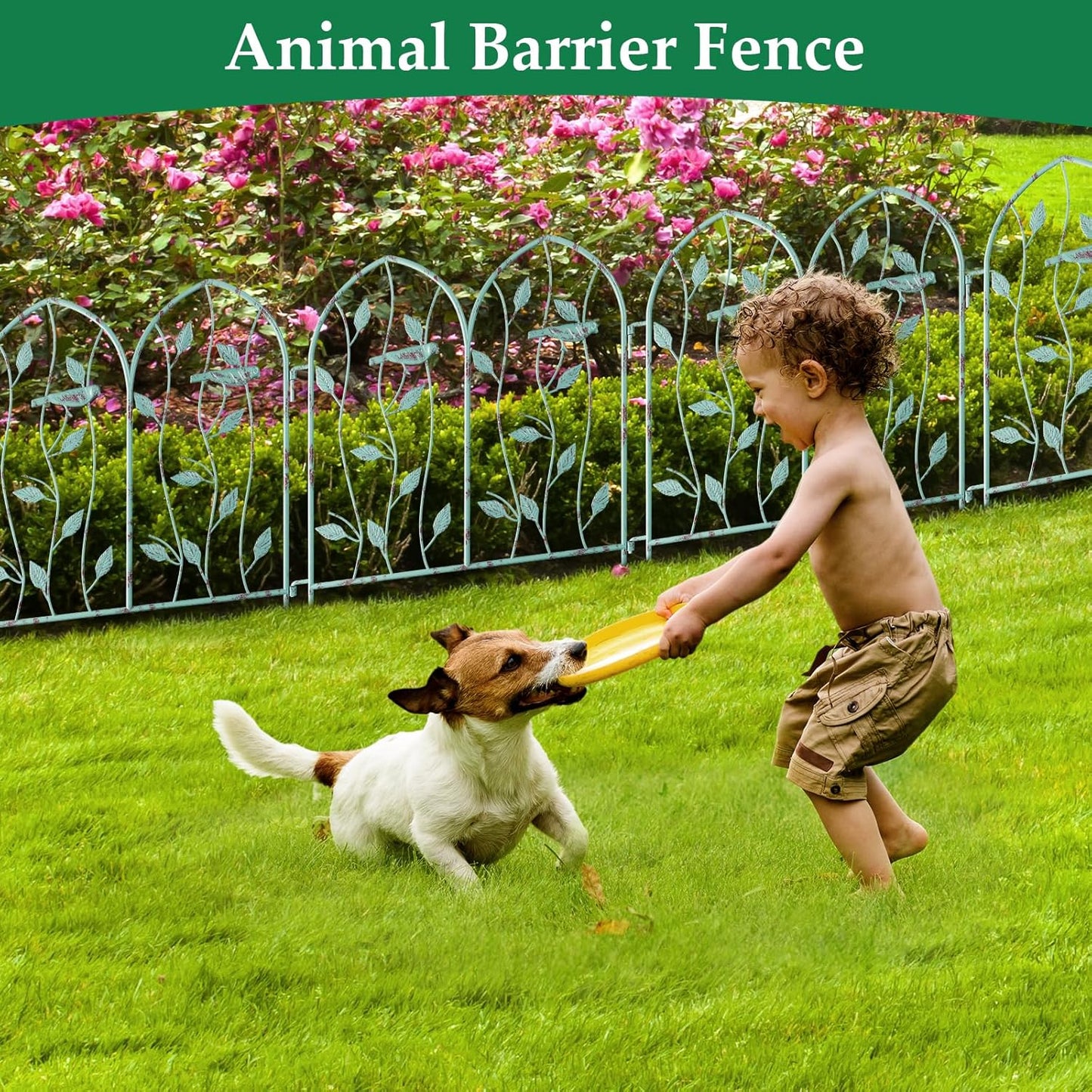 Decorative Garden Fence 4 Pack, 24in(H) x 6.5Ft(L), Metal Garden Fencing Panel, Landscape Pathway Edge Iron Picket Fence Panels, Border for Yard Patio Flower Bed