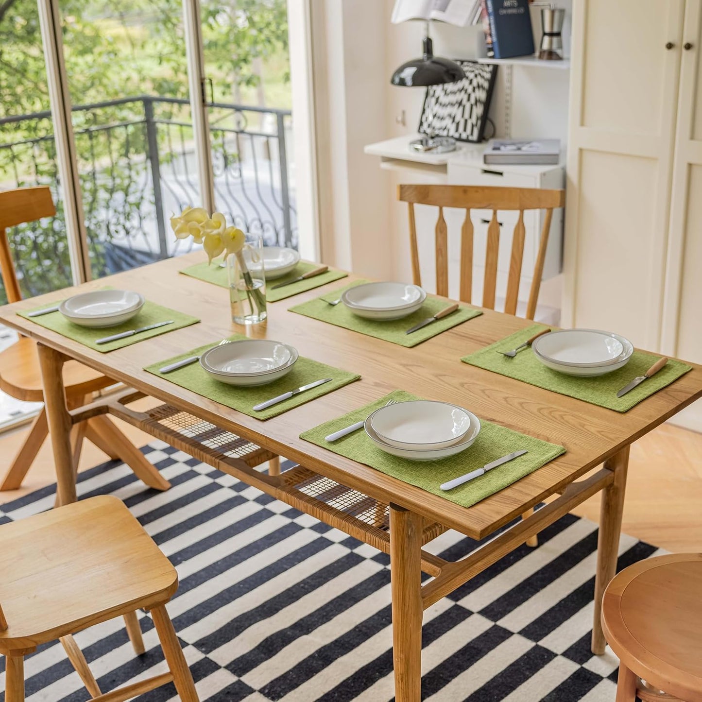 Demetex Table Placemats Set of 8 Olive Green Linen Place Mats Washable Fabric Plate Mats for Picnic Camping Barbecue, 13x19 inch, Lime Green