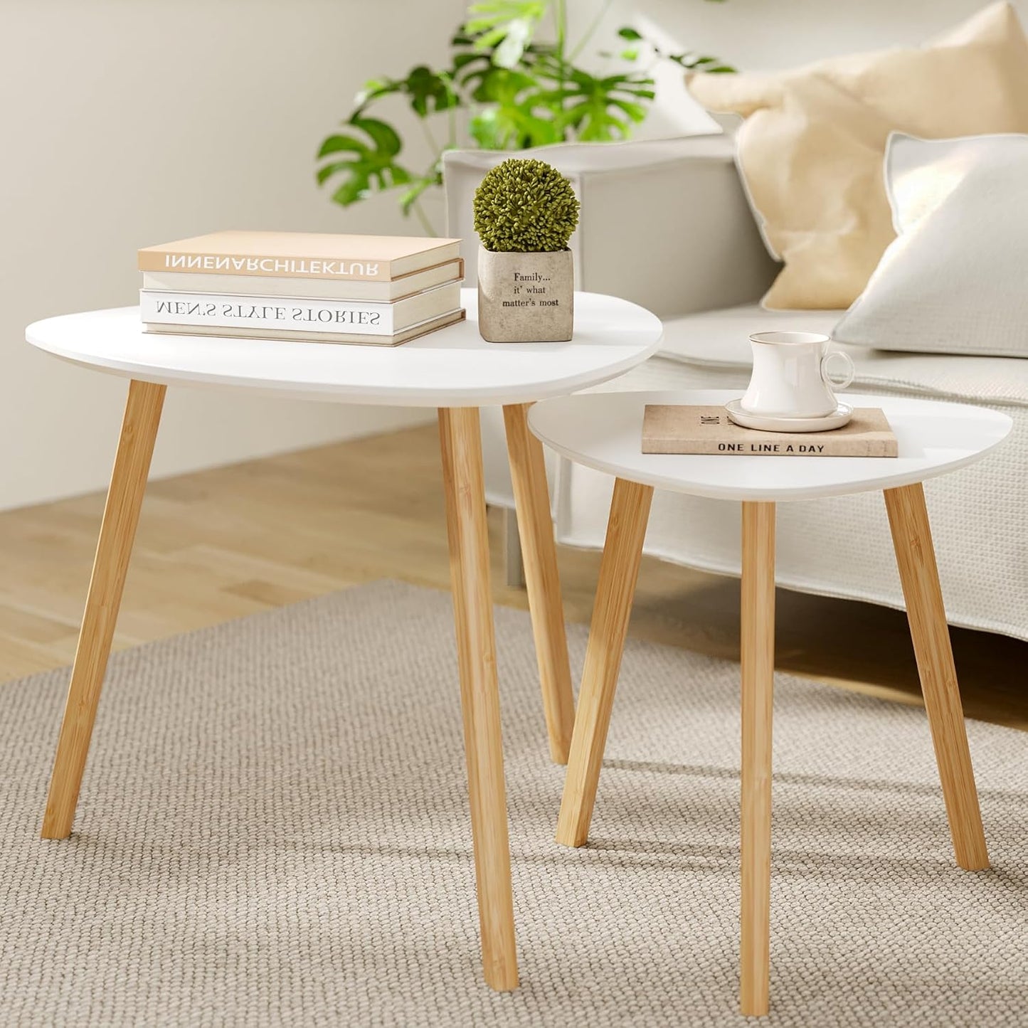 BAMEOS Bamboo Nesting Triangle End Table,Set of 2 Coffee Table Modern Minimalist Side Table for Living Room, Balcony in White
