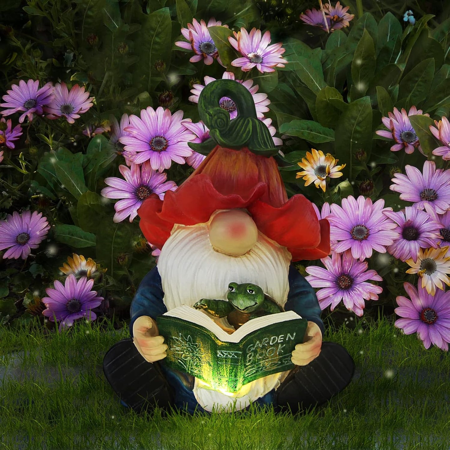 Garden Gnome Statue-Resin Gnome Figurine Hugging Turtle Reading Book with Solar LED Lights,Outdoor Summer Decorations for Patio Yard Lawn Porch,Garden Ornament Gift