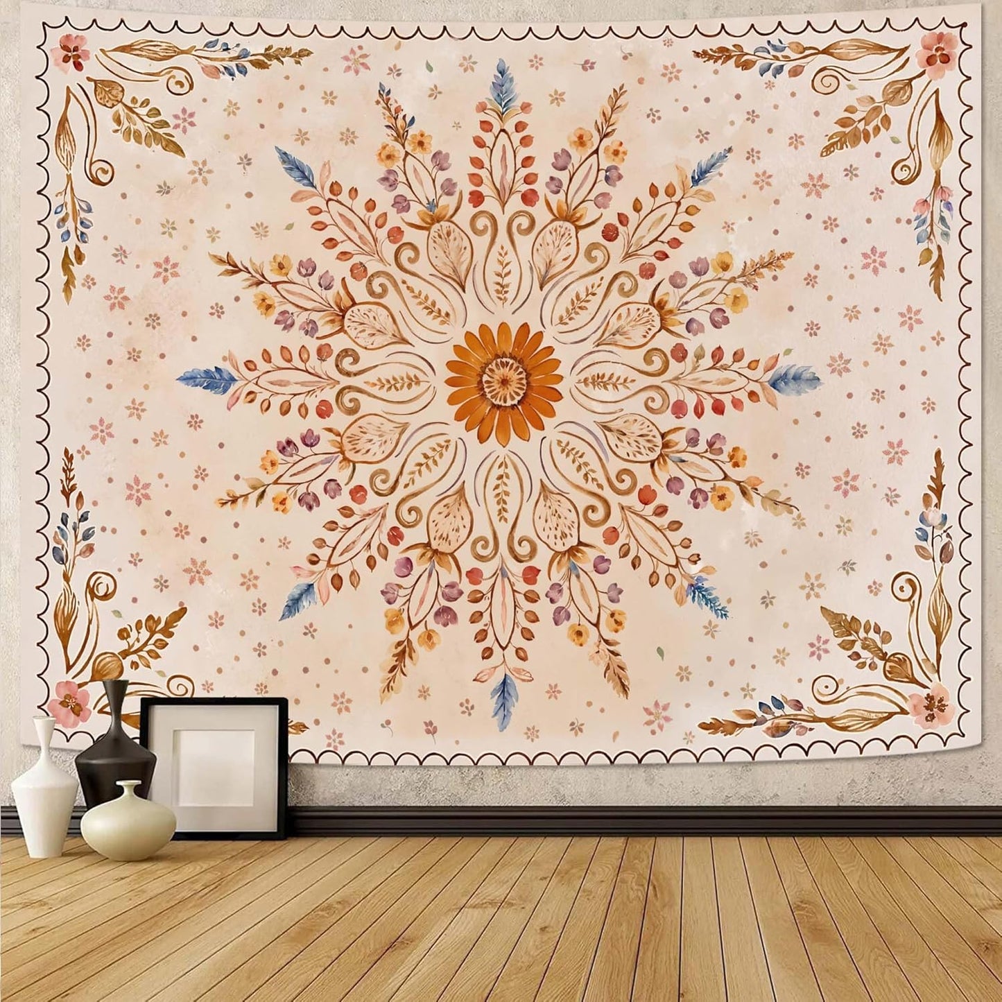 Fowocu Boho Floral Mandala Tapestry for Bedroom Aesthetic Watercolor Bohemian Flower Wall Tapestry Brown Beige Hippie Indian Large Tapestries Wall Hanging for Living Room Dorm Decor 80 x 60 Inch