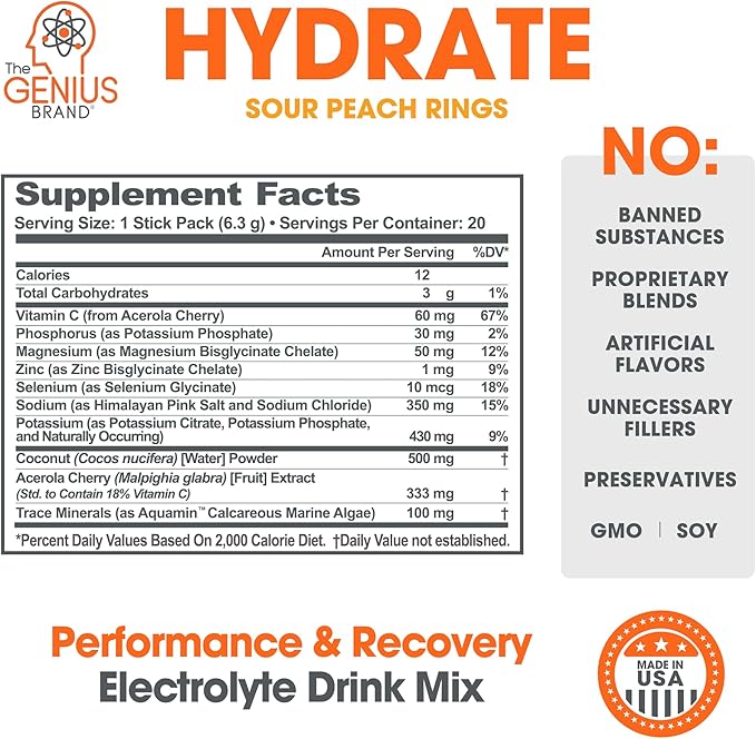 Genius Hydrate Stick Pack Powder Drink Mix - Sour Peach Rings Flavor, Natural Electrolyte Booster with Coconut Water & Potassium for Ultimate Hydration -20 Packets
