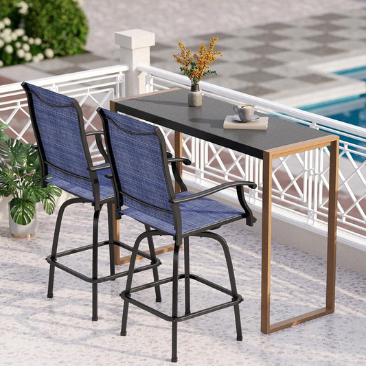 PHI VILLA 3 Piece Outdoor Bar Set, High Top Patio Bistro Table and Bar Chairs with Blue Textilene Fabric & Rustproof Metal Frame for Backyard, Balcony, Garden & Poolside