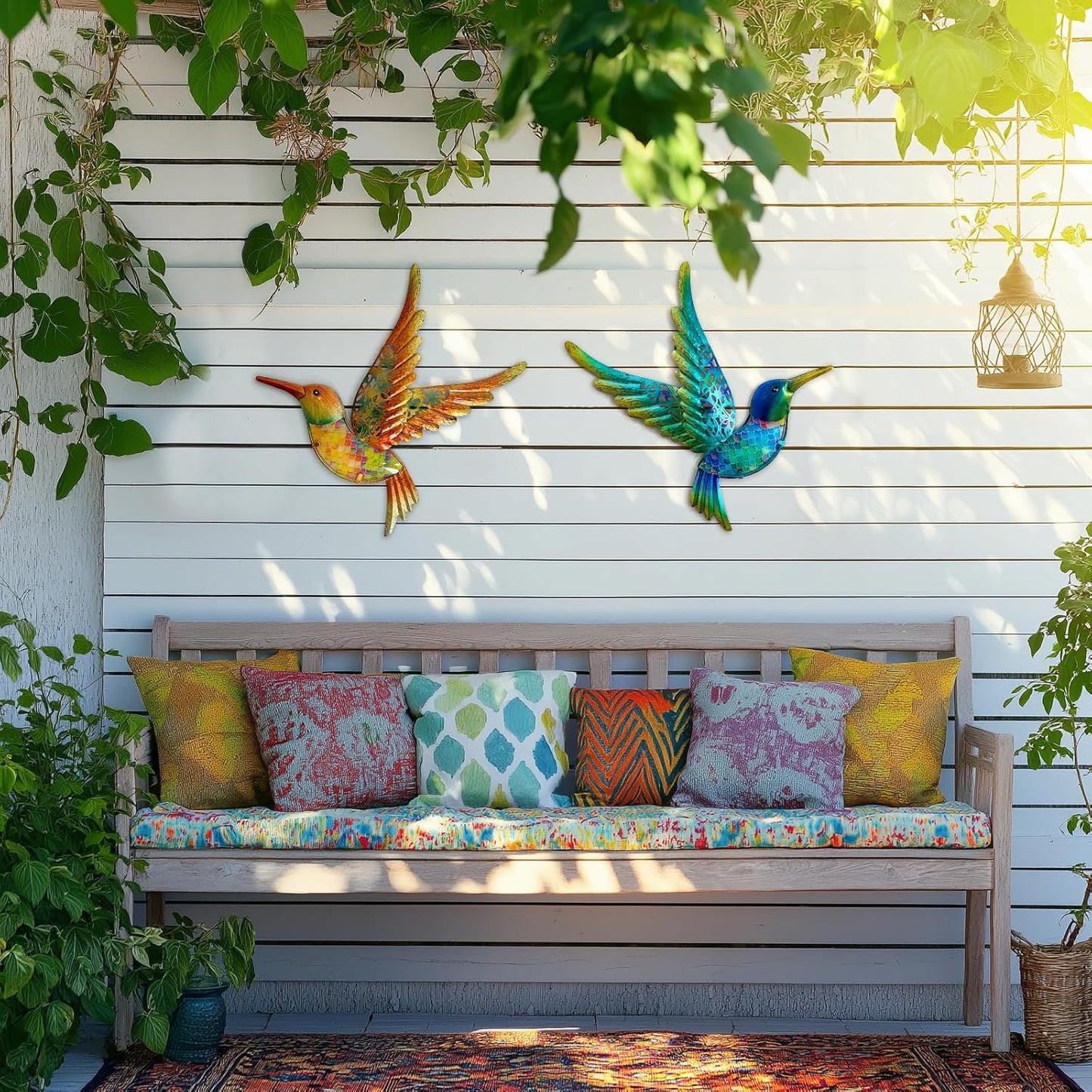 HONGLAND Metal Hummingbird Wall Art 12inch Metal Birds Wall Sculpture Garden Decoration Outdoor Statue Patio Fence Hanging Plaques 2 Pack(Multicolor)