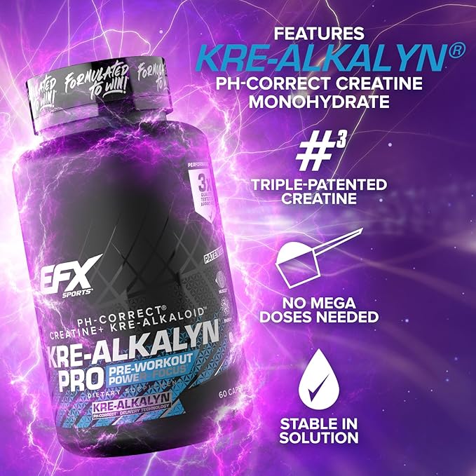 EFX Sports Kre-Alkalyn Pro | pH Correct Creatine Monohydrate Pill Supplement | Muscle Building Pre Workout for Men & Women | 30 Servings, 60 Capsules