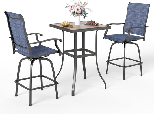 Sophia & William Outdoor Bar Set, Patio Bar Table and Chairs Set, Bar Height Patio Set - 2 x Swivel Bar Chairs(Blue), 1 x Square Bar Table(Wood-Like)