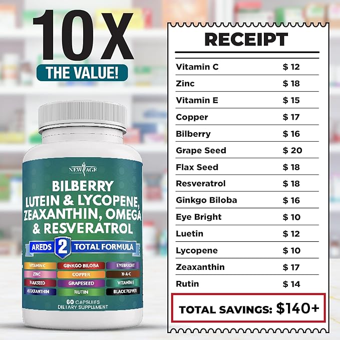 NEW AGE Eye Health Vitamins 6000mg Lutein 40mg Lycopene 40mg Resveratrol 3000mg Grape 6000mg Astaxanthin 180 Count