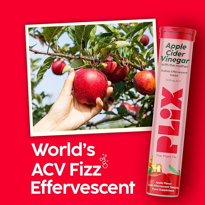 PLIX THE PLANT FIX Apple Cider Vinegar Effervescent Tablets with The Mother, 700mg ACV with VIT B12, B6, Pack of 12 |Vegan, No Added Sugar, Non-GMO & Gluten-Free