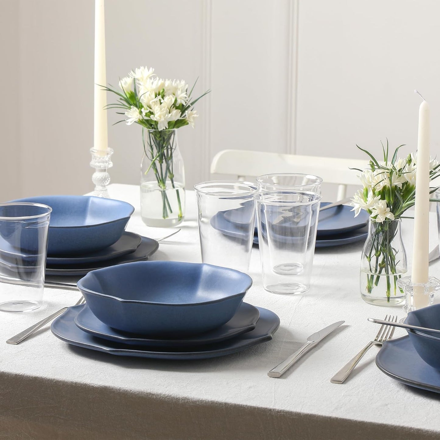 Stone Lain Baskerville 16-Piece Dinnerware Set Stoneware, Borosilicate Glass, Blue