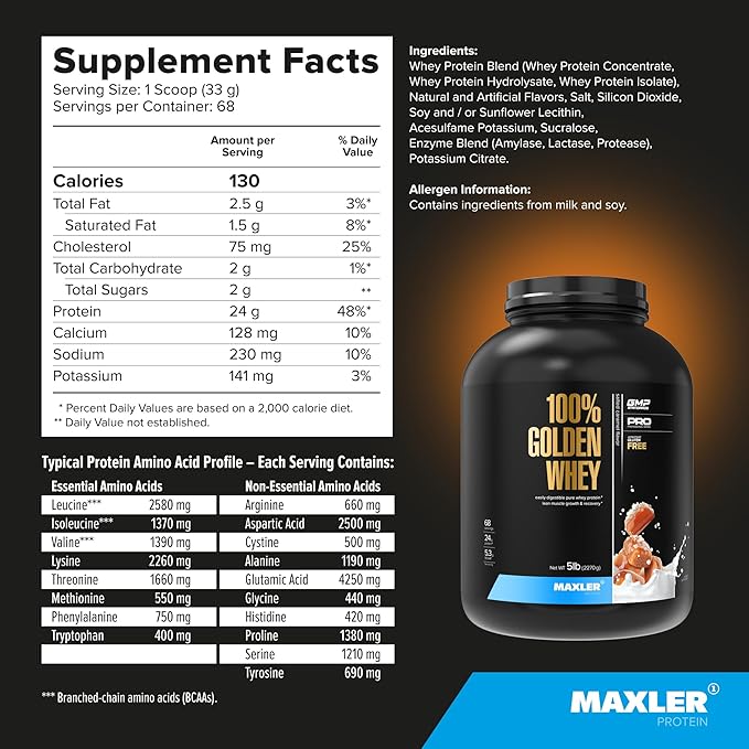 Maxler 100% Golden Whey Protein - 24g of Premium Whey Protein Powder per Serving - Pre, Post & Intra Workout - Fast-Absorbing Whey Hydrolysate, Isolate & Concentrate Blend - Salted Caramel 5 lbs