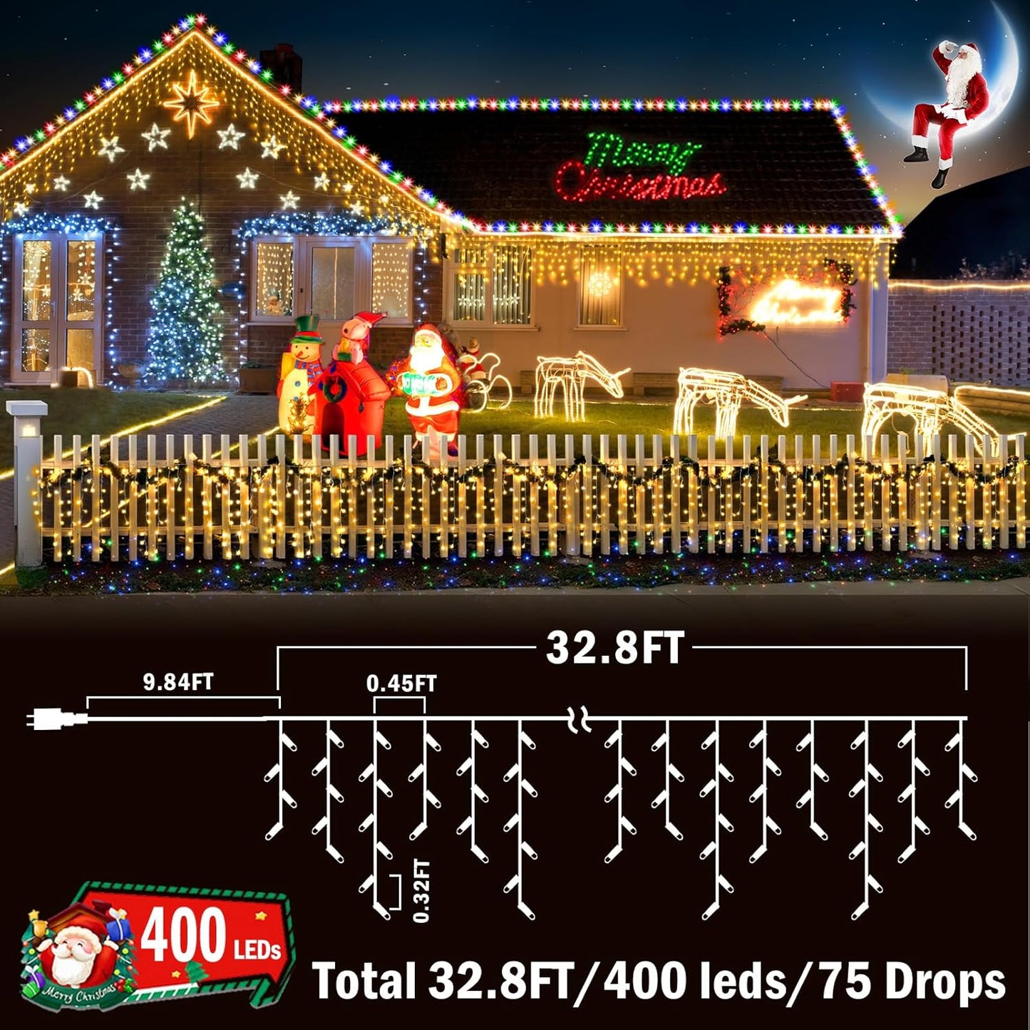KNONEW Christmas Lights Outdoor Decorations 400 LED 33ft 8 Modes Curtain Fairy String Light with 75 Drops, Clear Wire LED String Light Indoor Decor for Wedding Party Christmas Decorations Warm White