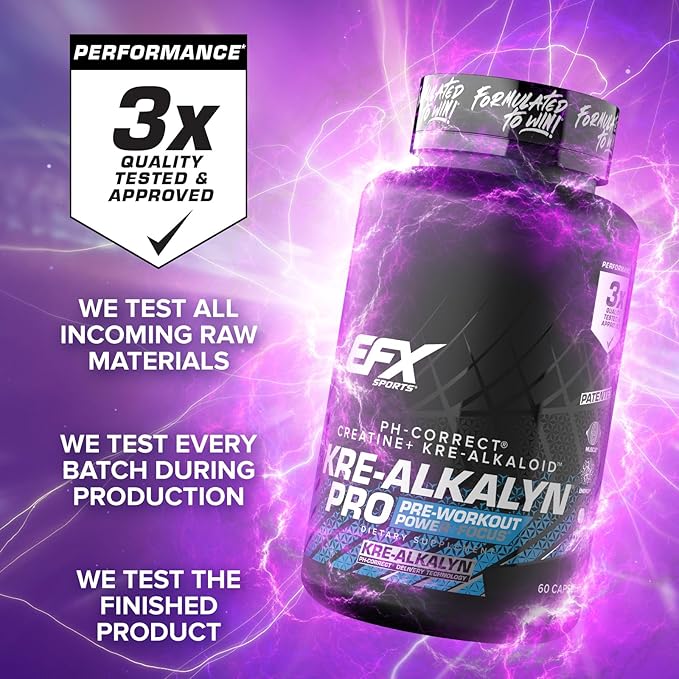 EFX Sports Kre-Alkalyn Pro | pH Correct Creatine Monohydrate Pill Supplement | Muscle Building Pre Workout for Men & Women | 30 Servings, 60 Capsules