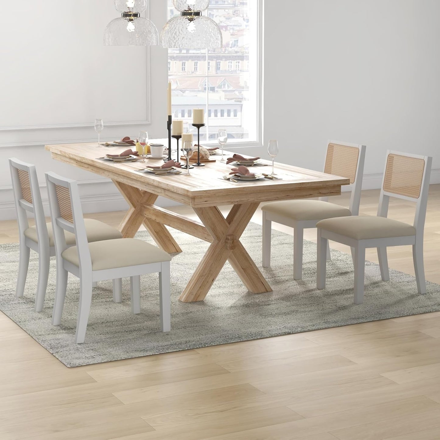 Westice Rattan Dining Chairs Set of 6, Farmhouse Natural Dining Room Chairs with Upholstered Cushion, Wood Armless Chairs for Kitchen/Restaurant, White