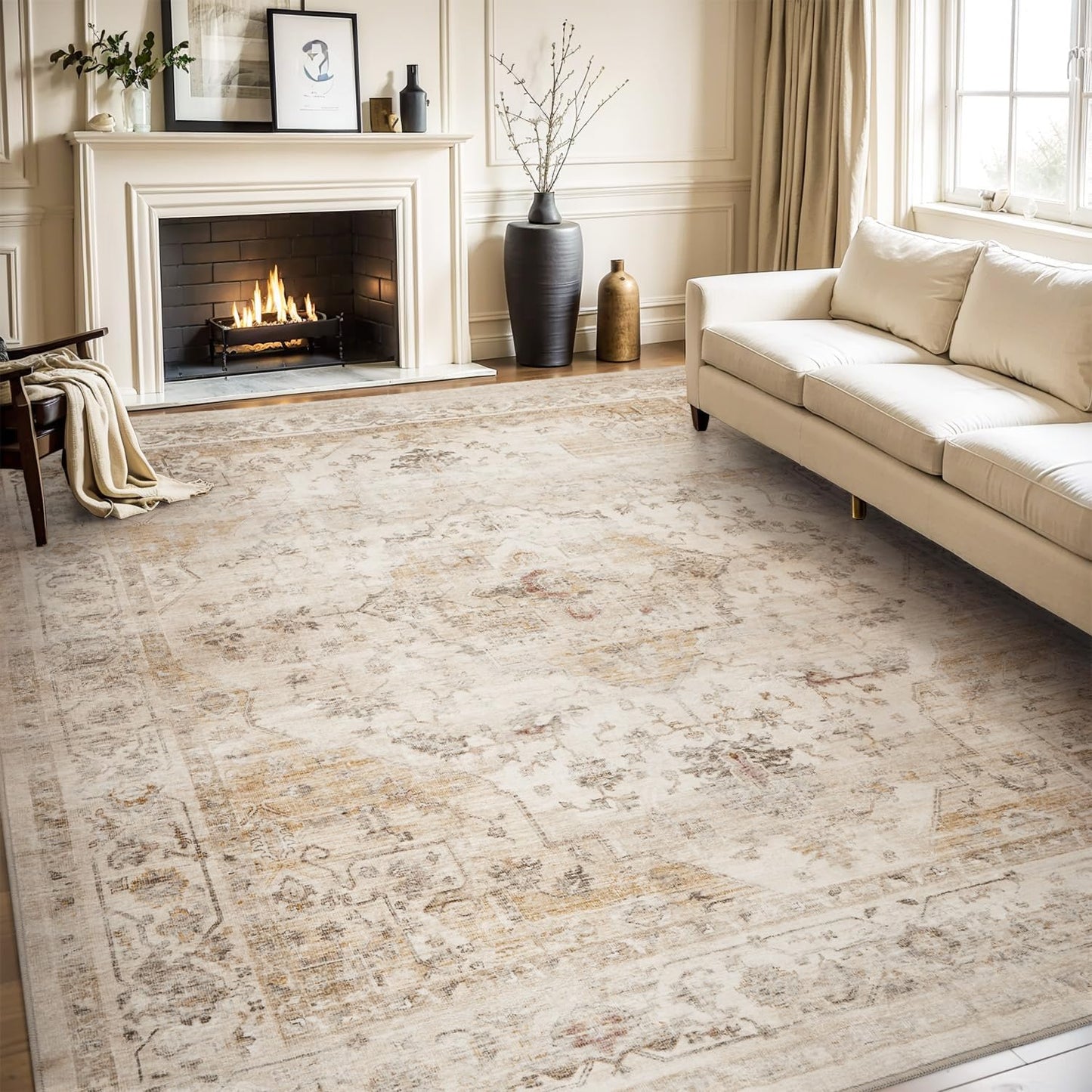AMOAMI-Area Rug 9X12 Rugs for Living Room-Vintage Soft Beige Rugs for Bedroom-Non Slip Carpet-Washable Rug for Dining Room Living Room Bedroom Office Under Table