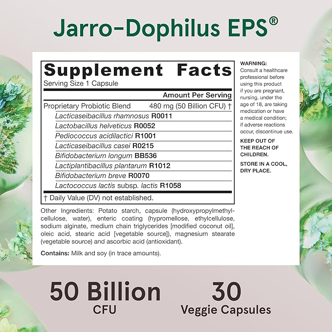 Jarrow Formulas Jarro-Dophilus EPS Gut Rescue 50 Billion 8 Clinically-Studied 30 Veggie 30 Day 12