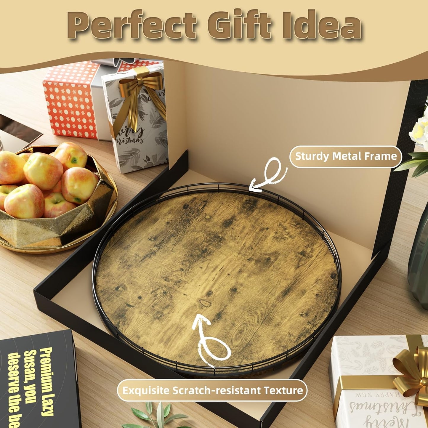 Lazy Susan Turntable Organizer for Table Top, 18’’ Round Wooden Lazy Susan for Cabinet Kitchen Countertop Pantry Dining Coffee Table for Condiments Spices, Rustic Bathroom Vanity Tray for Soap Candle