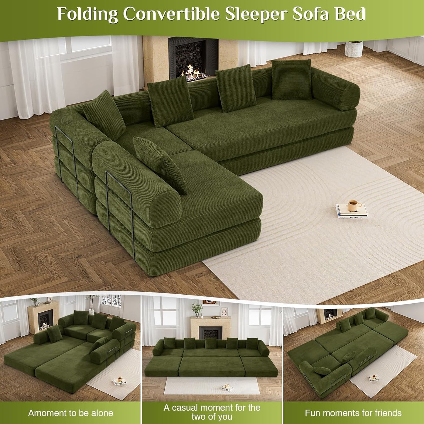 Convertible Sleeper Sofa Bed Set with Pillow, 4-in-1 Corduroy Folding Mattress Boneless Couch with Fixed-Shape Frame, Fold Out Floor Sofa Cama Lounge Couch for Living Room, Olive Green