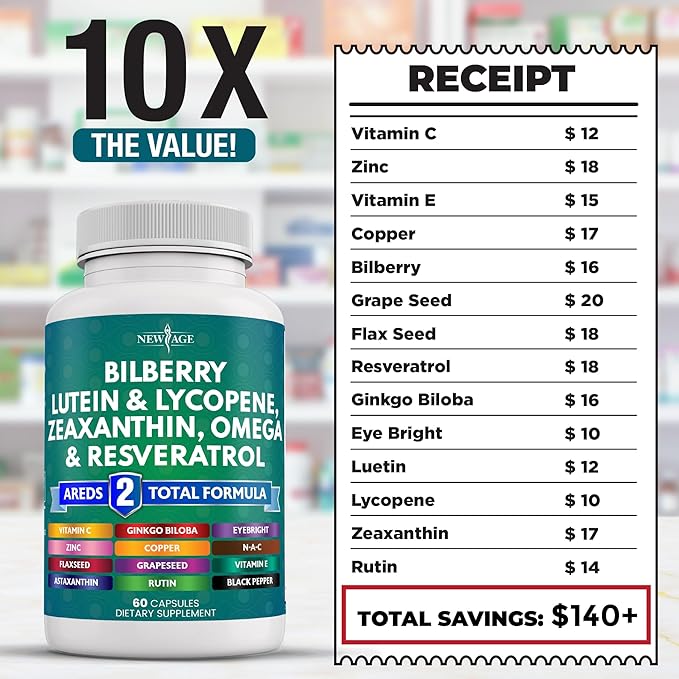 NEW AGE Eye Health Vitamins 6000mg Lutein 40mg Lycopene 40mg Resveratrol 3000mg Grape 6000mg Astaxanthin 60 Count