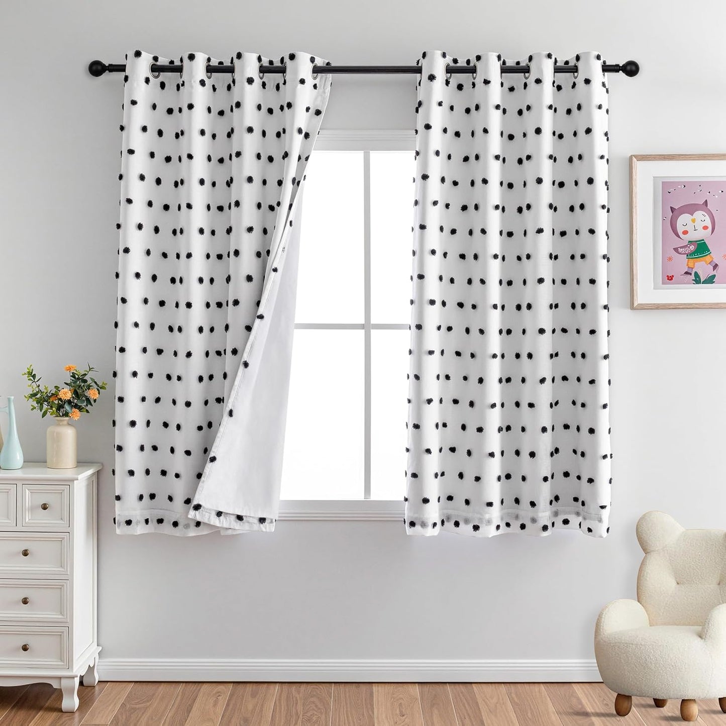 MYSKY HOME Blackout Curtains for Kids Bedroom 100% Light Block Out Thermal Insulated Curtain 63 Inches Grommet Room Darkening Curtains Privacy Window Drapes with Black Pom Pom Sheers,2 PCS, 52" x 63"