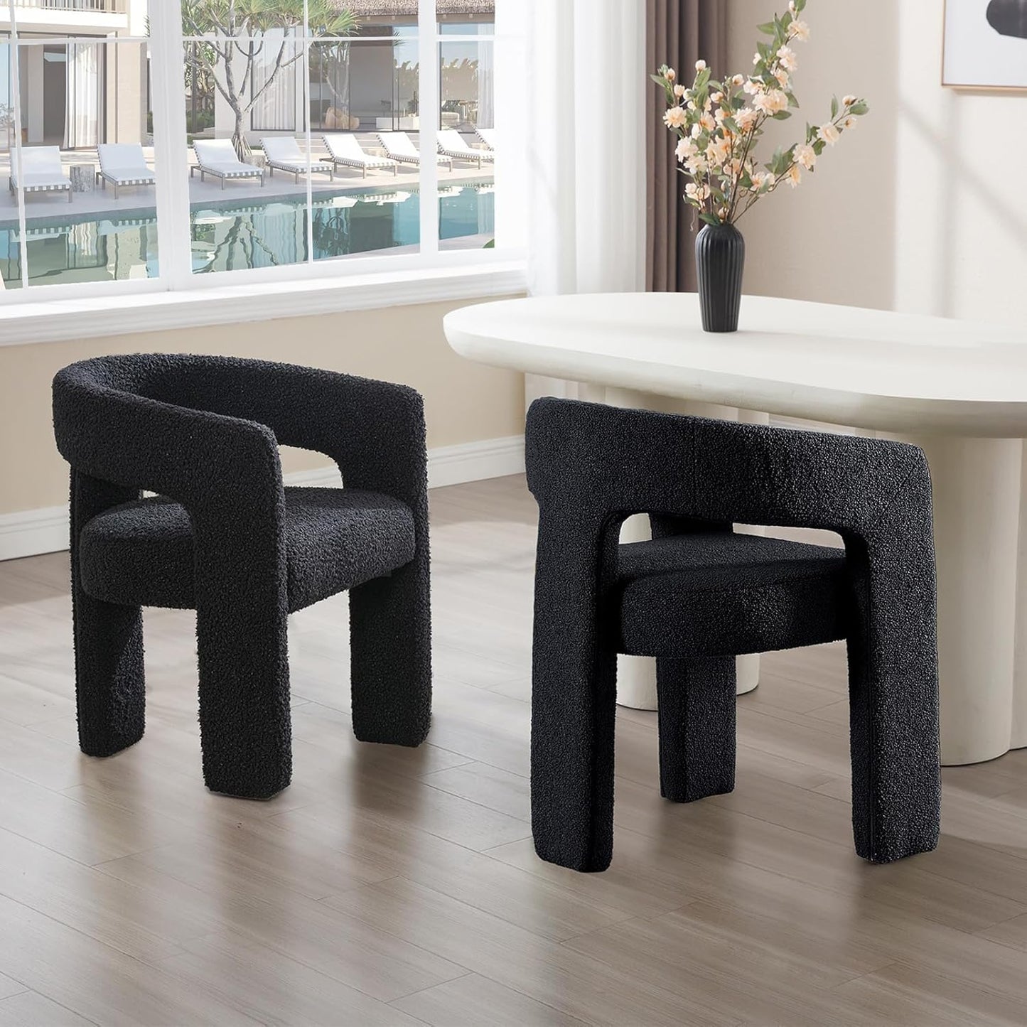 Black Sherpa Dining Chairs Set of 6, Modern Barrel Dining Room Chairs Upholstered Faux Fur Accent Chair with Arms and Round Back for Living Room Kitchen Armchair No Assembly Needed