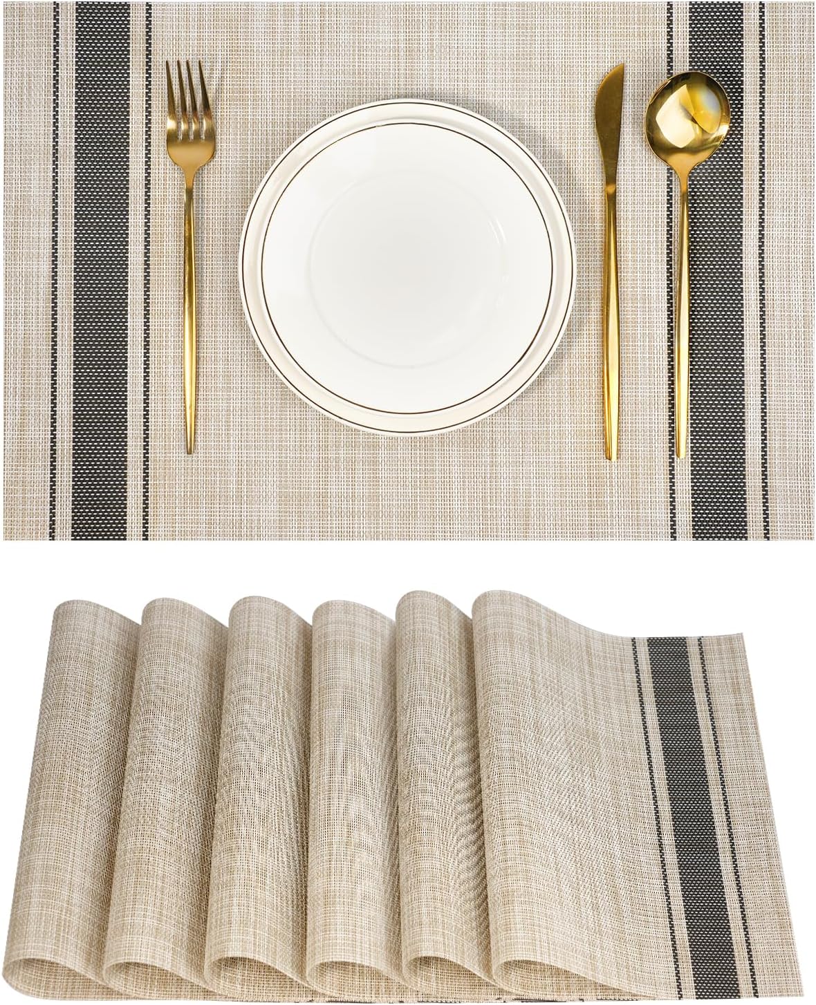 Placemats Set of 6,Non-Slip PVC Weave Table Mats Easy to Clean,Heat Resistant Place Mats for Kitchen Dining Table Decoration Indoor Outdoor,Khaki Gray