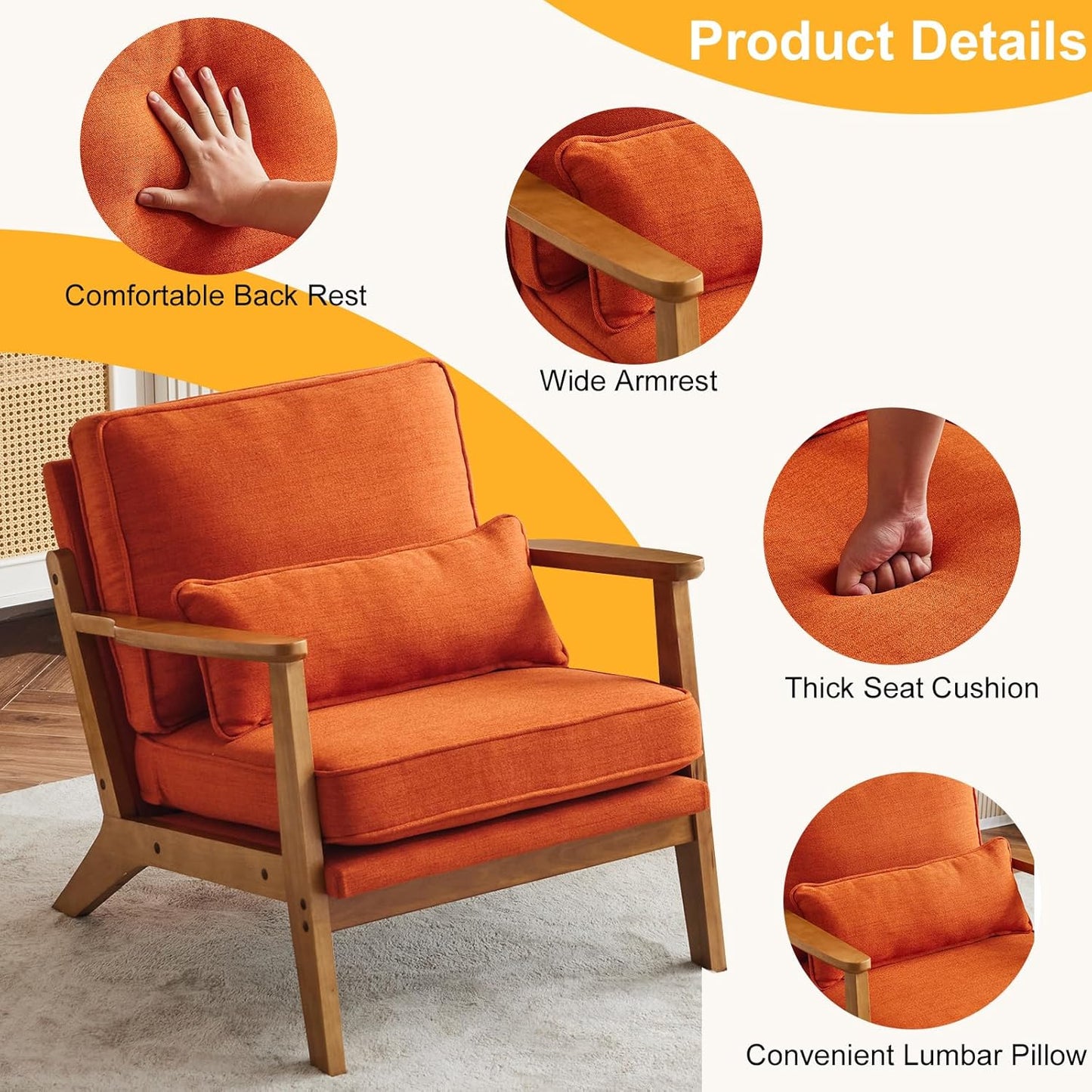 Karl home Accent Chair Wide Armrest Mid-Century Lounge Chair Linen Fabric Armchair with Lumbar Pillow & Solid Wood Frame for Living Room, Bedroom, Balcony, Burnt Orange