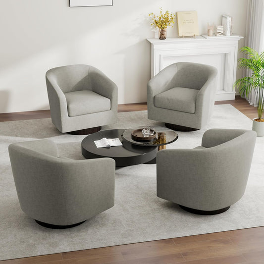 Swivel Barrel Accent Chair, Modern Round Linen Arm Chair for Living Room, Bedroom, Comfy Club Reading Chairs for Adults(Linen Fabric, Khaki, Set of 4