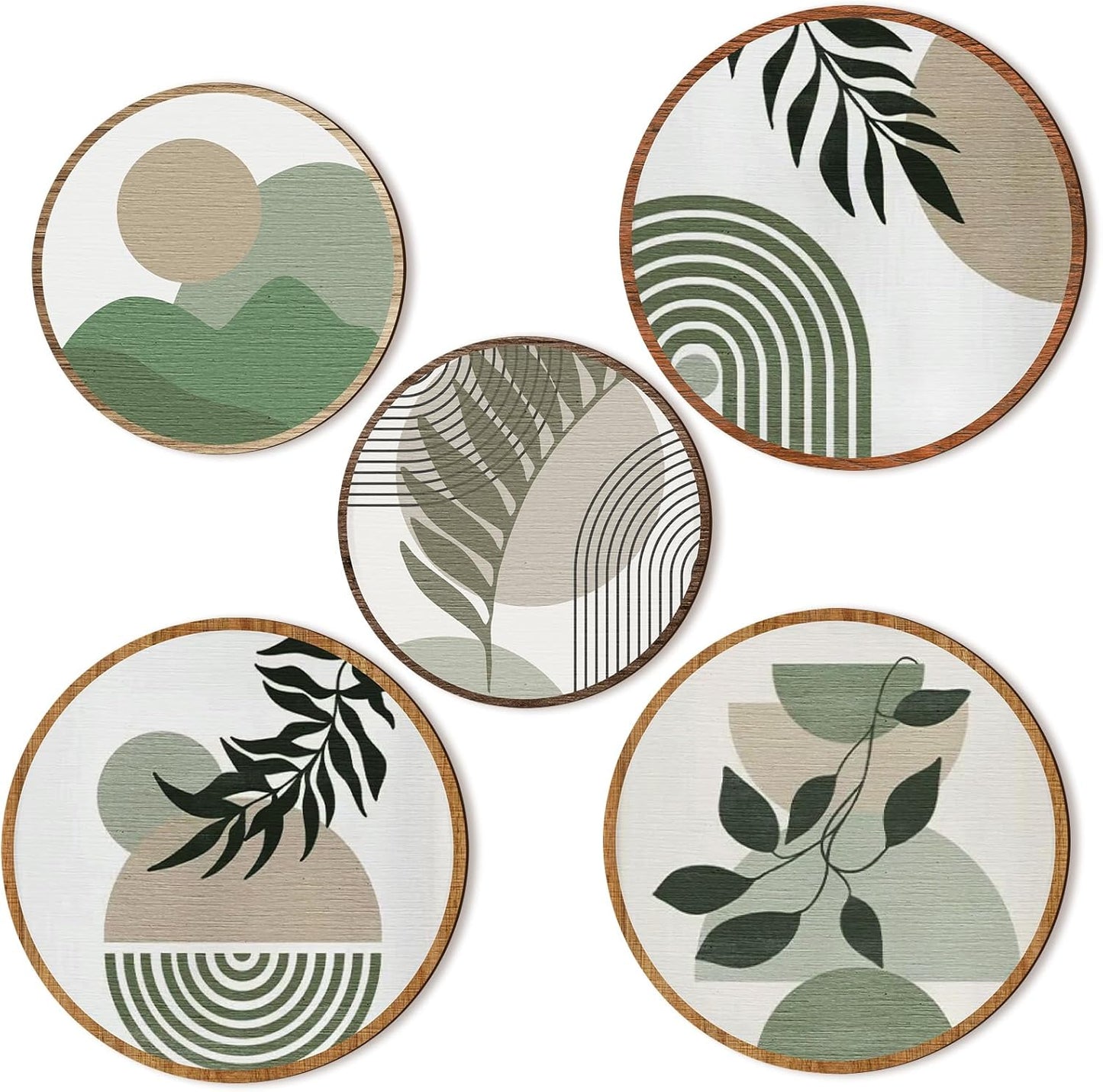 Qunclay 5 Pcs Wall Art Decor Wooden Living Room Wall Decor Bohemian Hanging Farmhouse Geometric 10'' and 8'' Aesthetic Wood Minimalist Posters for Bedroom(Greenery)