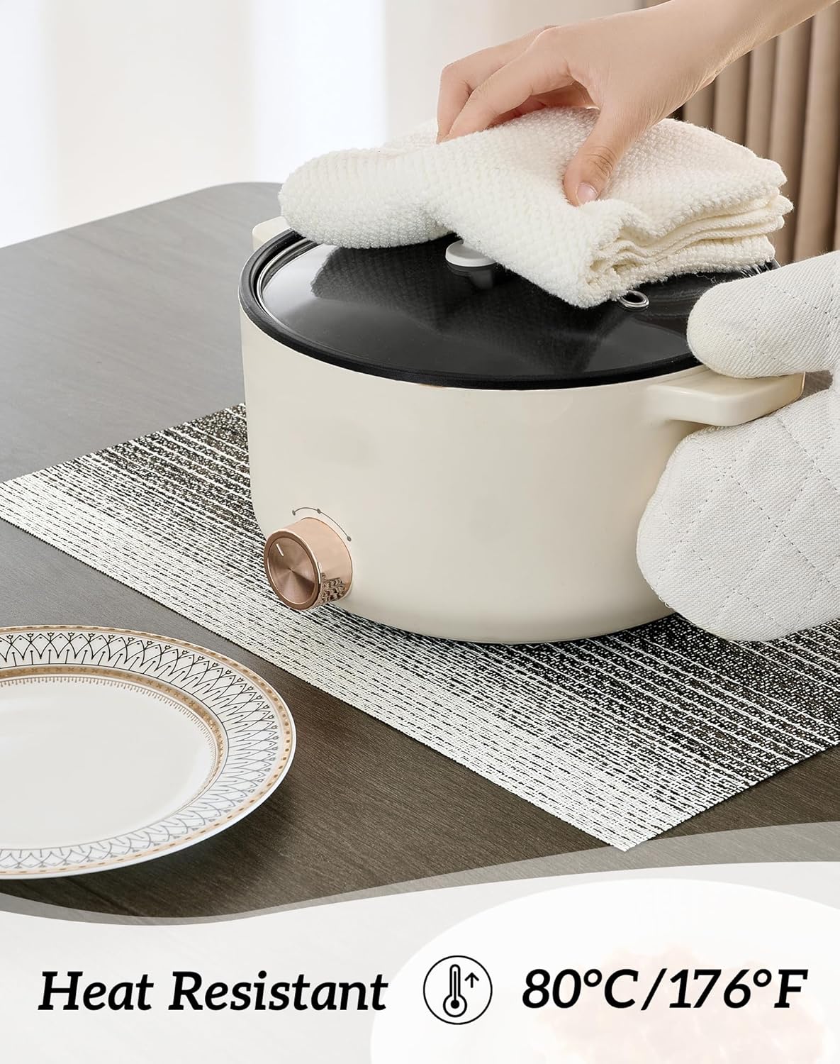 Leetaltree Black with White Woven Placemats Set of 4 - Heat Resistant Non-Slip Place mats for Dining Table, Washable Durable PVC Vinyl Woven Table Mats(Black with White, 4)