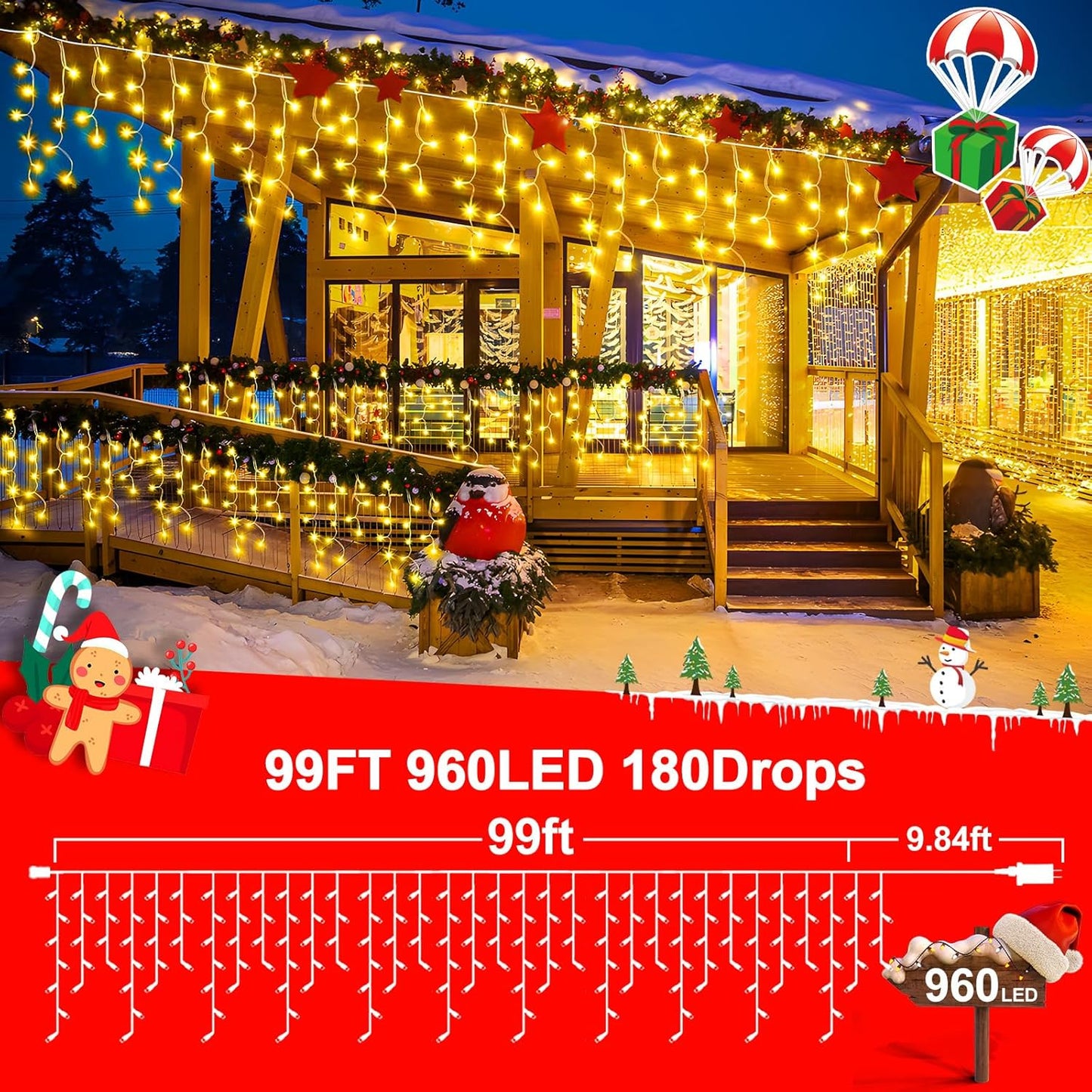 KNONEW 99ft 960 LED Christmas Lights Outdoor Decorations with 180 Drops, 8 Modes Curtain Fairy Light, Clear Wire LED String Light Indoor Decor for Wedding Party Christmas(Warm White)