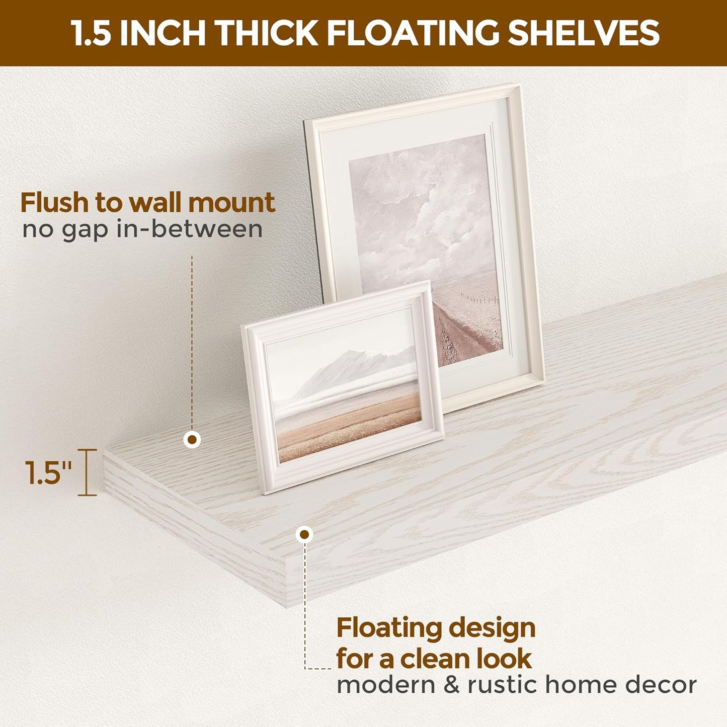 Floating Shelves 48 Inch Long, 48"W x 9"D Wall Shelf Invisible Bracket, 9 Inch Deep Floating Shelf for Wall, Rustic Wooden Shelves for Living Room, Kitchem, Bedroom, Brich Color, Set of 1