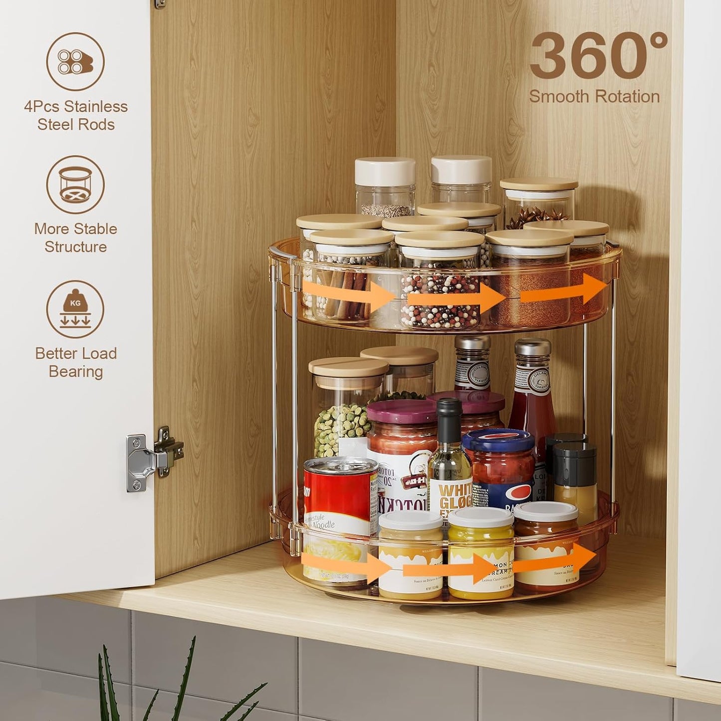 LAMU 12inch 2 Tier Lazy Susan Turntable Organizer Rotating Spice Rack Organization for Cabinet, Kitchen, Pantry, Countertop, Bathroom, Vanity, Medicine Cabinet Organizer, Amber