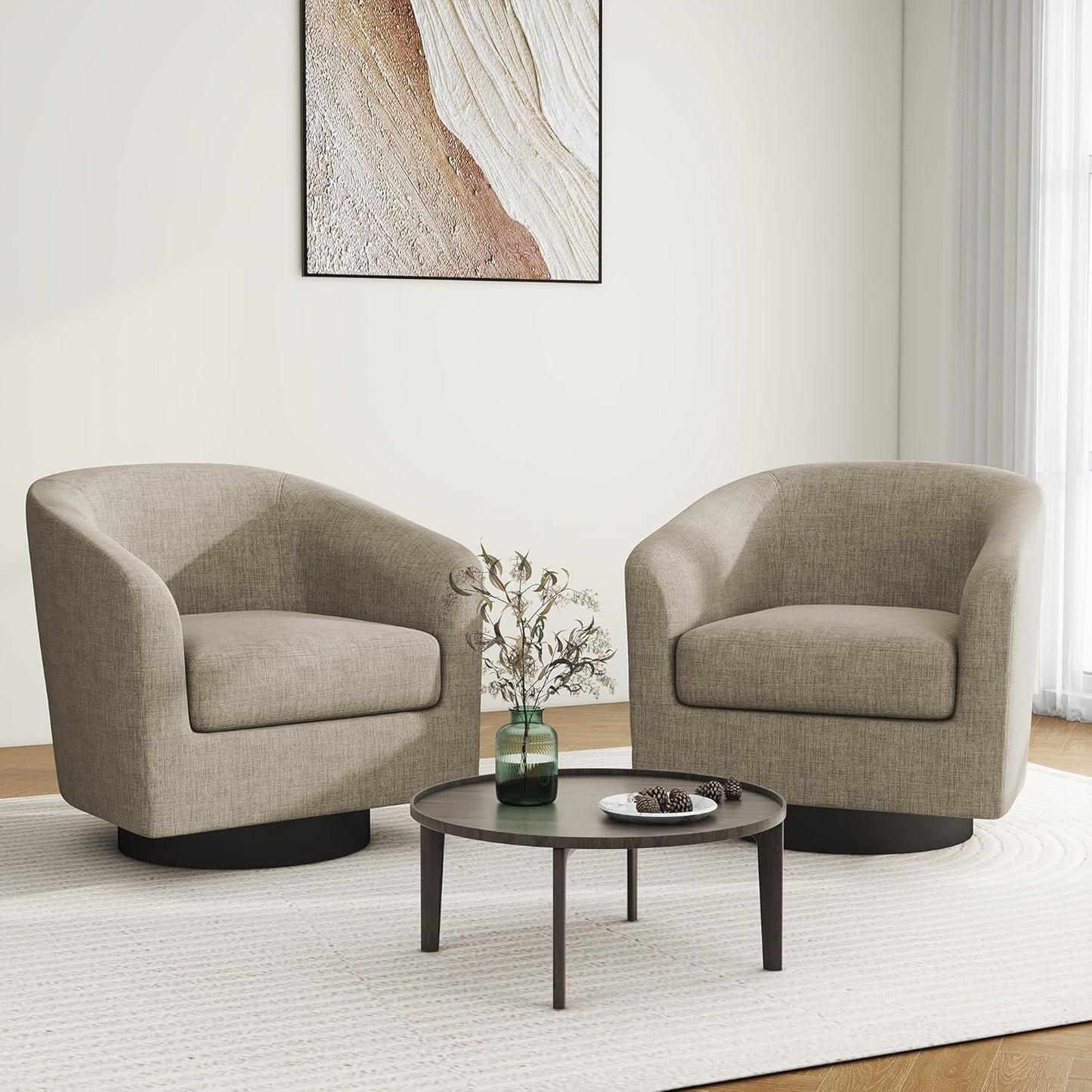 Swivel Barrel Accent Chair, Modern Round Linen Arm Chair for Living Room, Bedroom, Comfy Club Reading Chairs for Adults, Linen Fabric, Light Brown, Set of 2