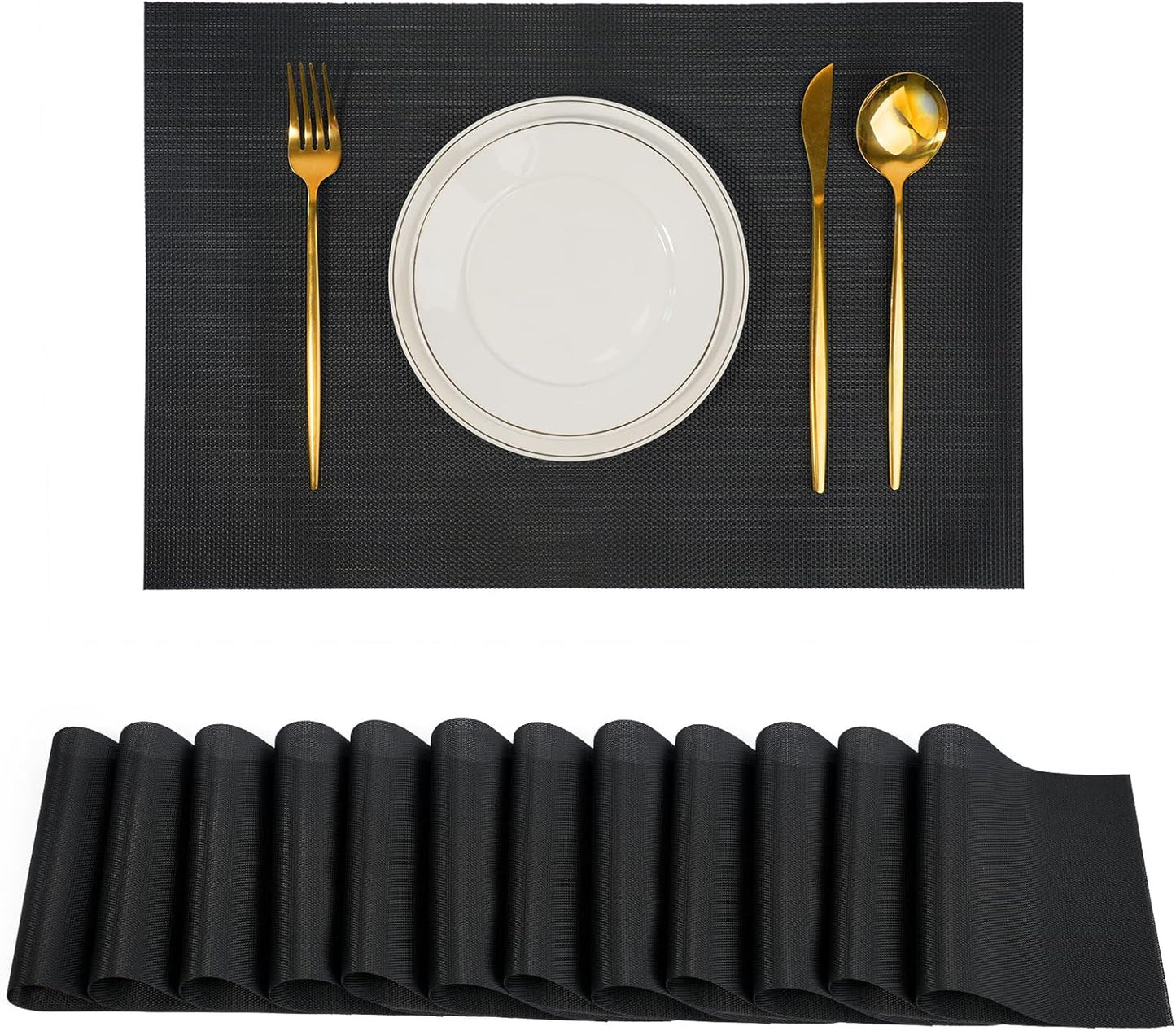 Placemats Set of 12,Non-Slip PVC Weave Table Mats Easy to Clean,Heat Resistant Place Mats for Kitchen Dining Table Decoration Indoor Outdoor,Black