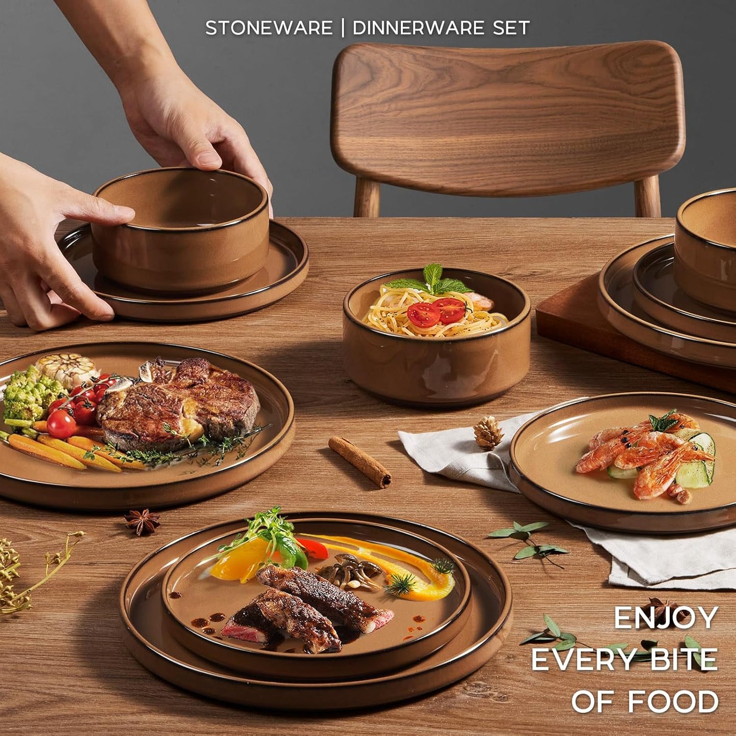 Onader Stoneware Dinnerware Sets for 4, Plates and Bowls with Unglazed Terracotta Bottom, Elegant Kitchen Ceramic Dish Dishware Set, Reactive Glaze 12 Piece - Earthy Umber