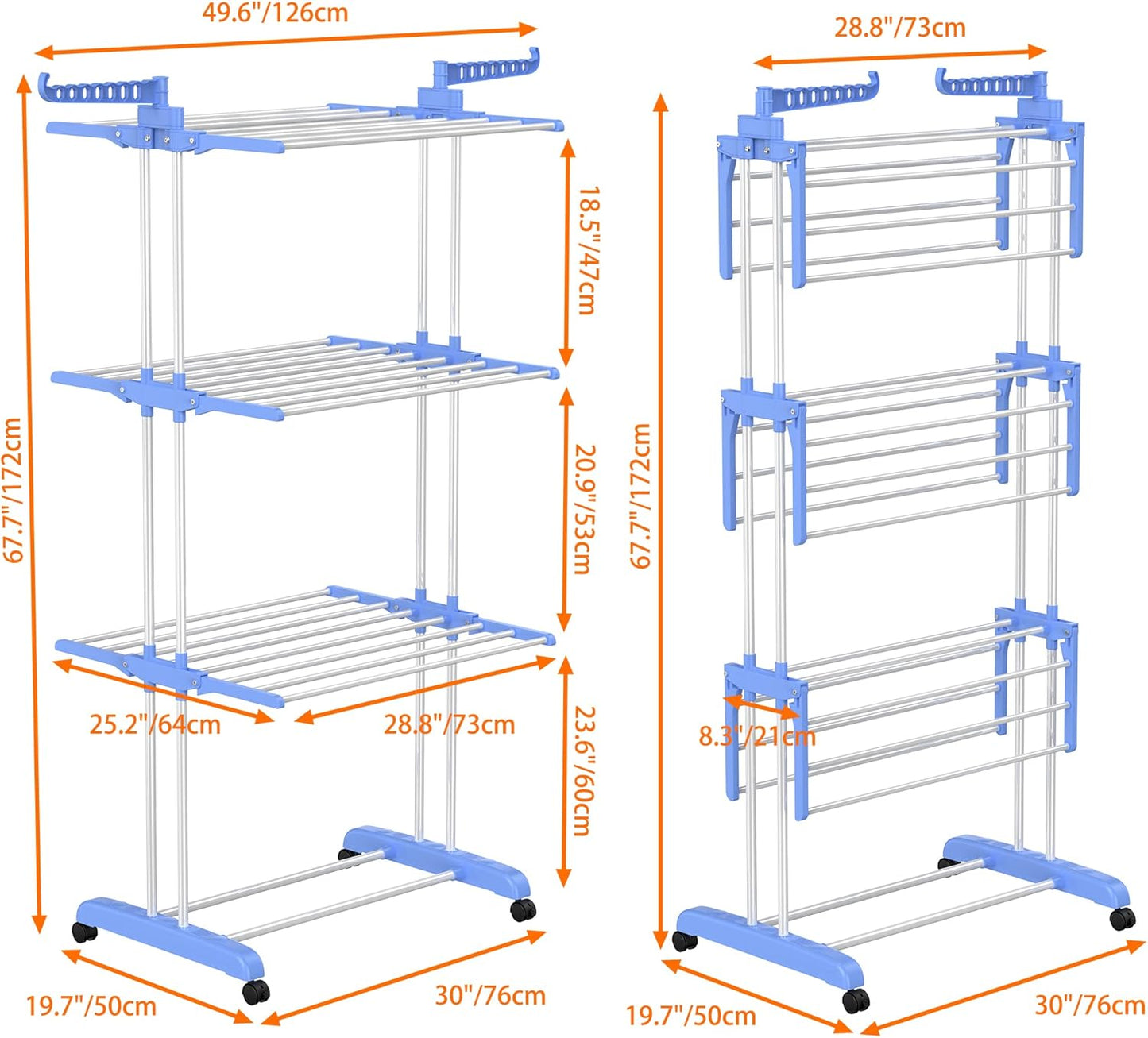 HOMIDEC Clothes Drying Rack, Large 4-Tier Foldable Drying Rack Clothing(67.7H x 19.7W x 30L Inches), Movable Drying Rack with 4 castors. Multifunctional Stainless Steel Laundry Drying Rack, Blue