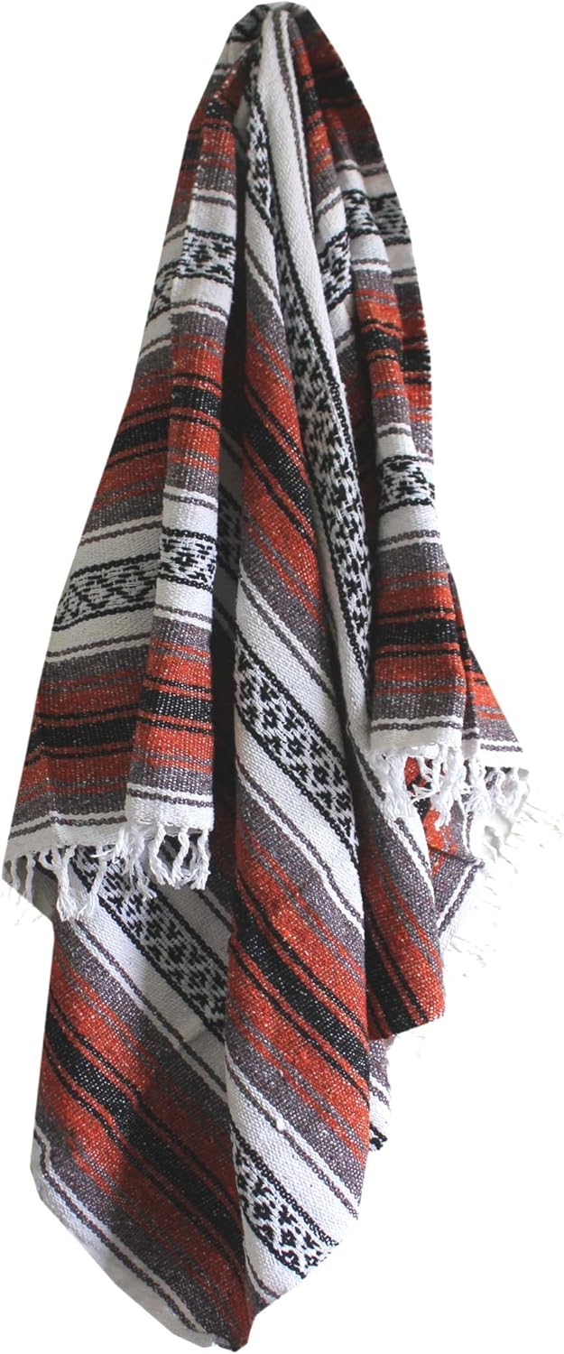 Del Mex Classic Mexican Blanket, Large Authentic Woven Falsa Throw (70"x50"), Artisan Southwest Décor for Beach, Yoga, Outdoors (Terracotta)