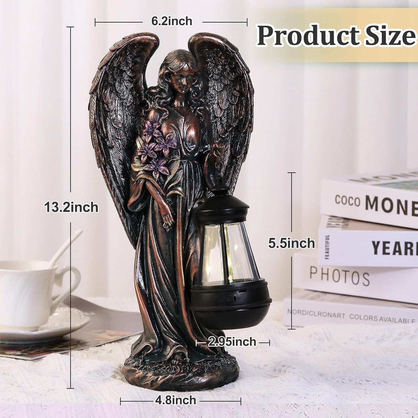 Solar Angel Outdoor Garden Decor Statues – 13.2 inches Solar Outdoor Sculptures for Outside Yard Art Patio Balcony Front Lawn Ornaments Gifts for Mom Grandma Women(Bronze)