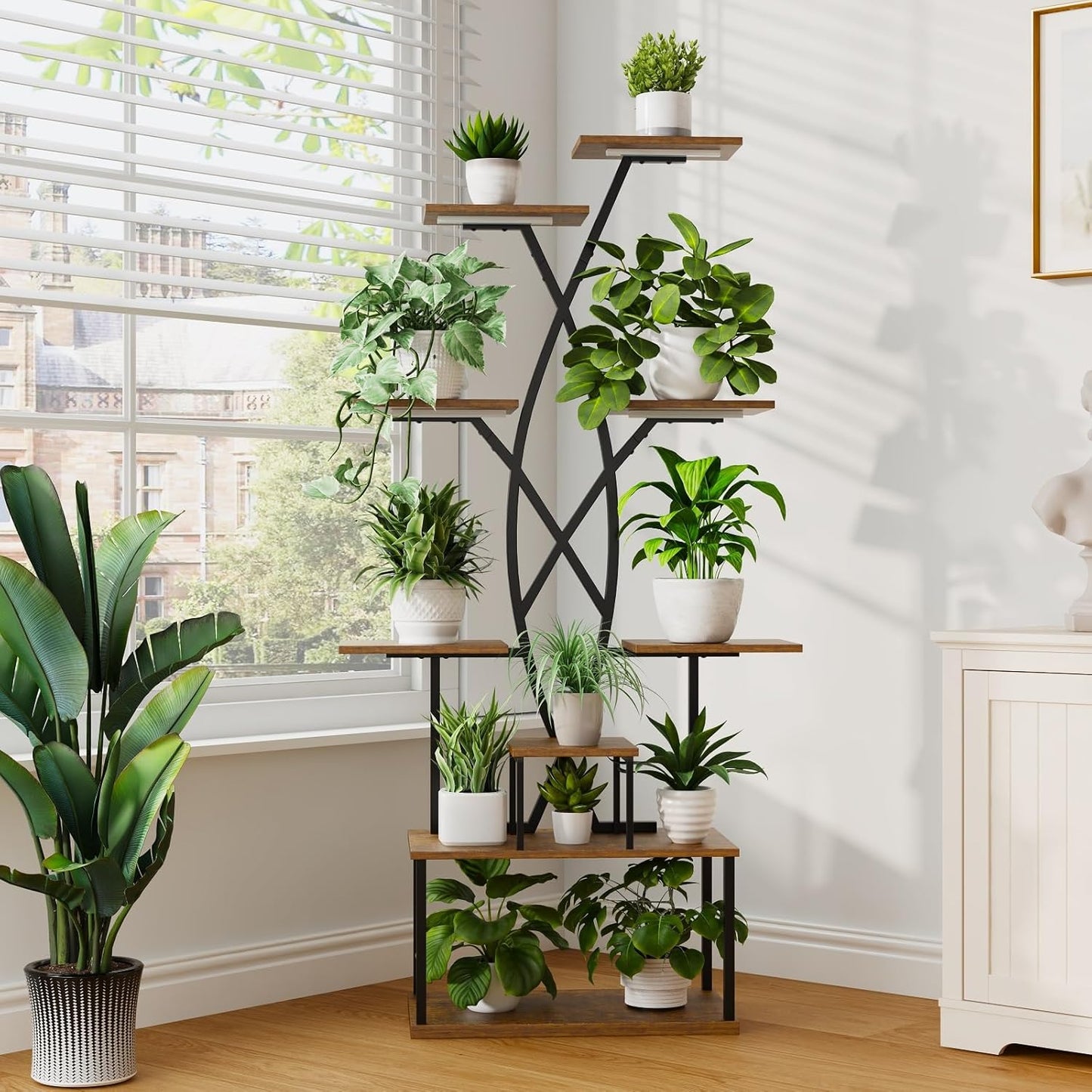 Plant Stand Indoor with Grow Lights - 9 Tiered 66" Tall Metal Plant Shelf, Curved Plant Stand with Adjustable Feets for Multiple Plants, Corner Flower Shelf for Living Room, Patio