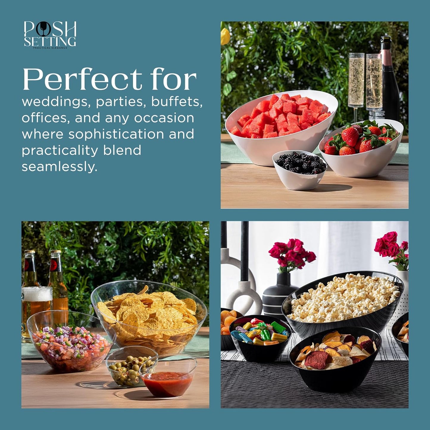Posh Setting Black Plastic Serving Bowls Disposable - Angled Bowls - Angled Candy Bowl - Plastic Snacks & Chip Bowls for Parties - Black, Gold & Clear, White Serving Dishes, 54 OZ, 5 Pack