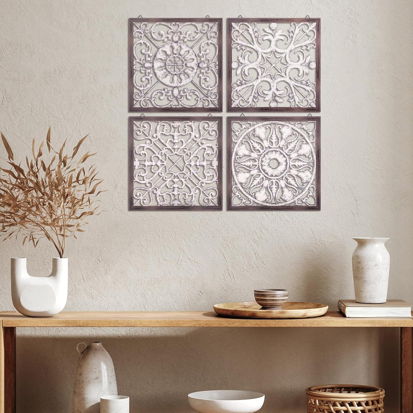 Tatuo 4 Pcs Wood Art Wall Decor Farmhouse Decorative Wood Panels Modern Wall Decor for Living Room Home Kitchen Dining Room(Square,Brown, White)