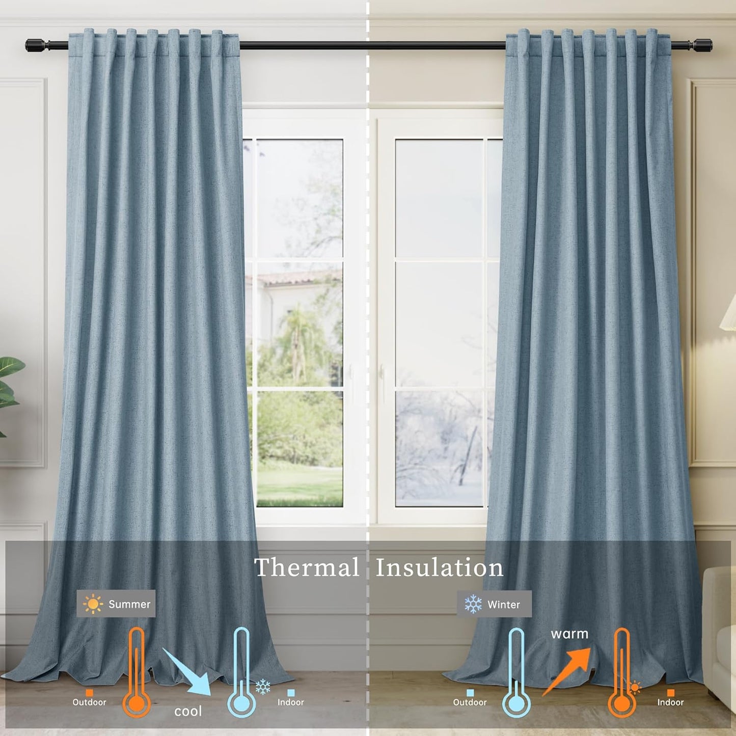 Blue Linen Blackout Curtains Thermal Insulated 120 Inch 100% Complete Black Out Window Curtains Back Tab Linen Textured Neutral Farmhouse Living Room Darkening Drapes High Ceiling Length 52x120
