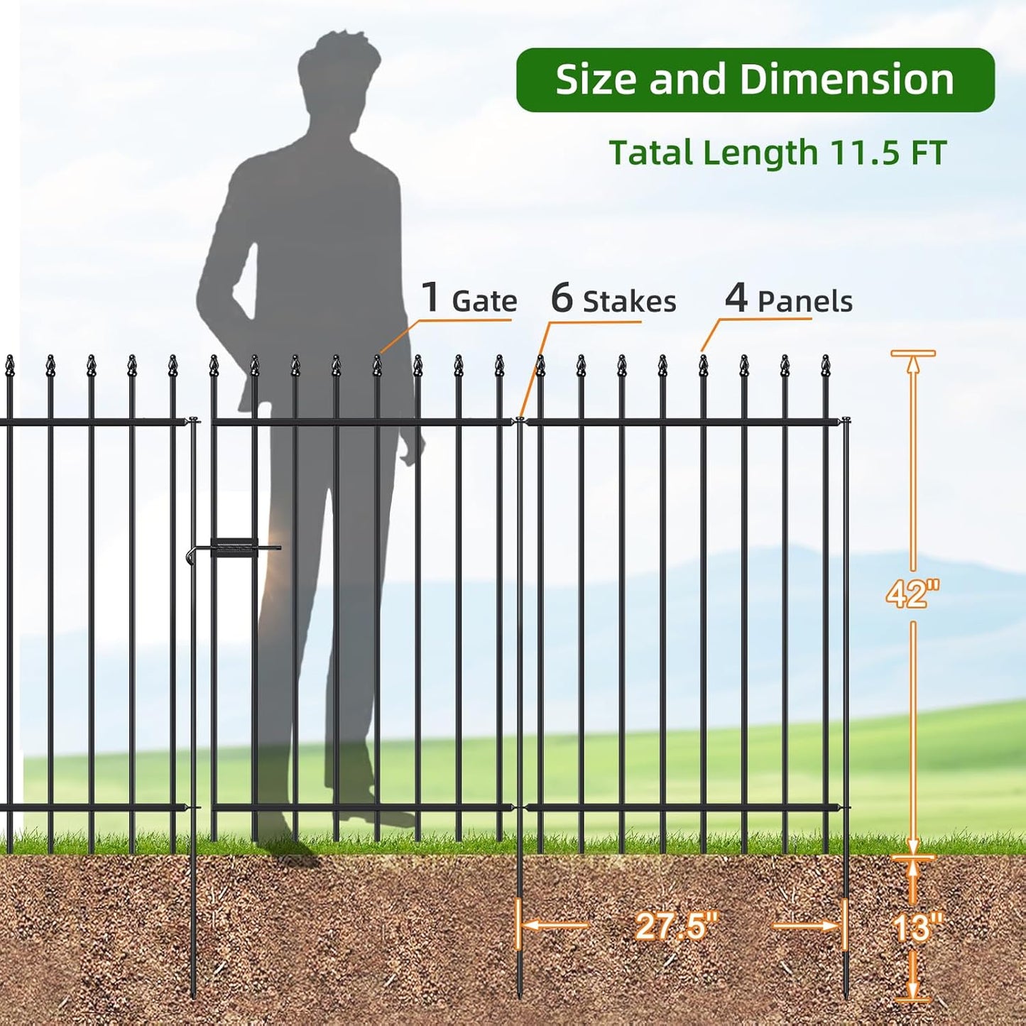 Metal Garden Fence with Gate 42 in H x 11.5 ft L, 1 Gate + 4 Panels Border Fence Panels Animal Barrier for Dogs, No Dig Garden Fencing for Yard Patio Flower Bed Lawn Outdoor, Black