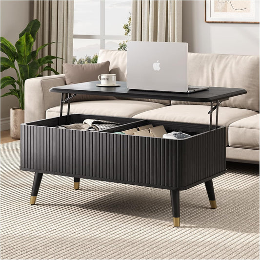 Lift Top Coffee Table with Storage Shelf & Hidden Compartment, Mid Century Modern Fluted Rectangle Dining Table for Living Room, Home Office,Black