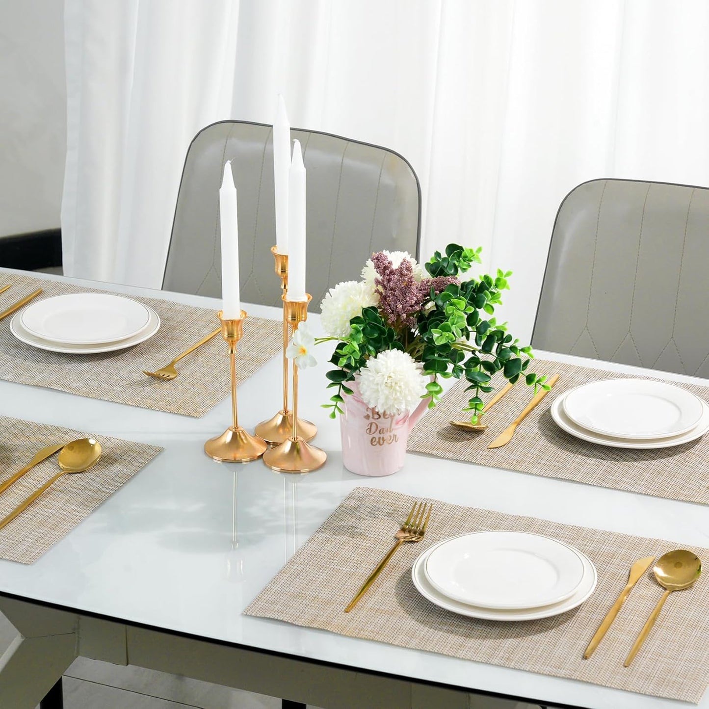 Placemats Set of 12,Non-Slip PVC Weave Table Mats Easy to Clean,Heat Resistant Place Mats for Kitchen Dining Table Decoration Indoor Outdoor,Beige