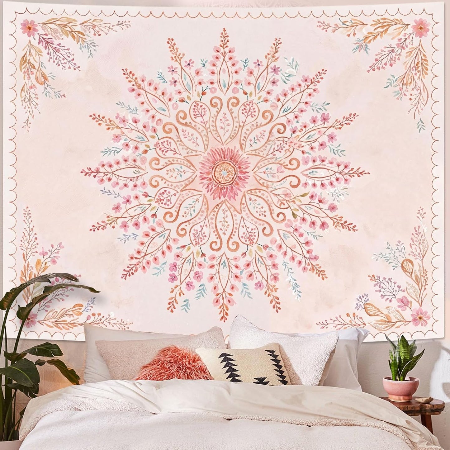 Lunerfex Floral Mandala Tapestry Boho Tapestry for Bedroom Pink Tapestries Wall Hanging Living Room Wall Art and Home Decor 44x60