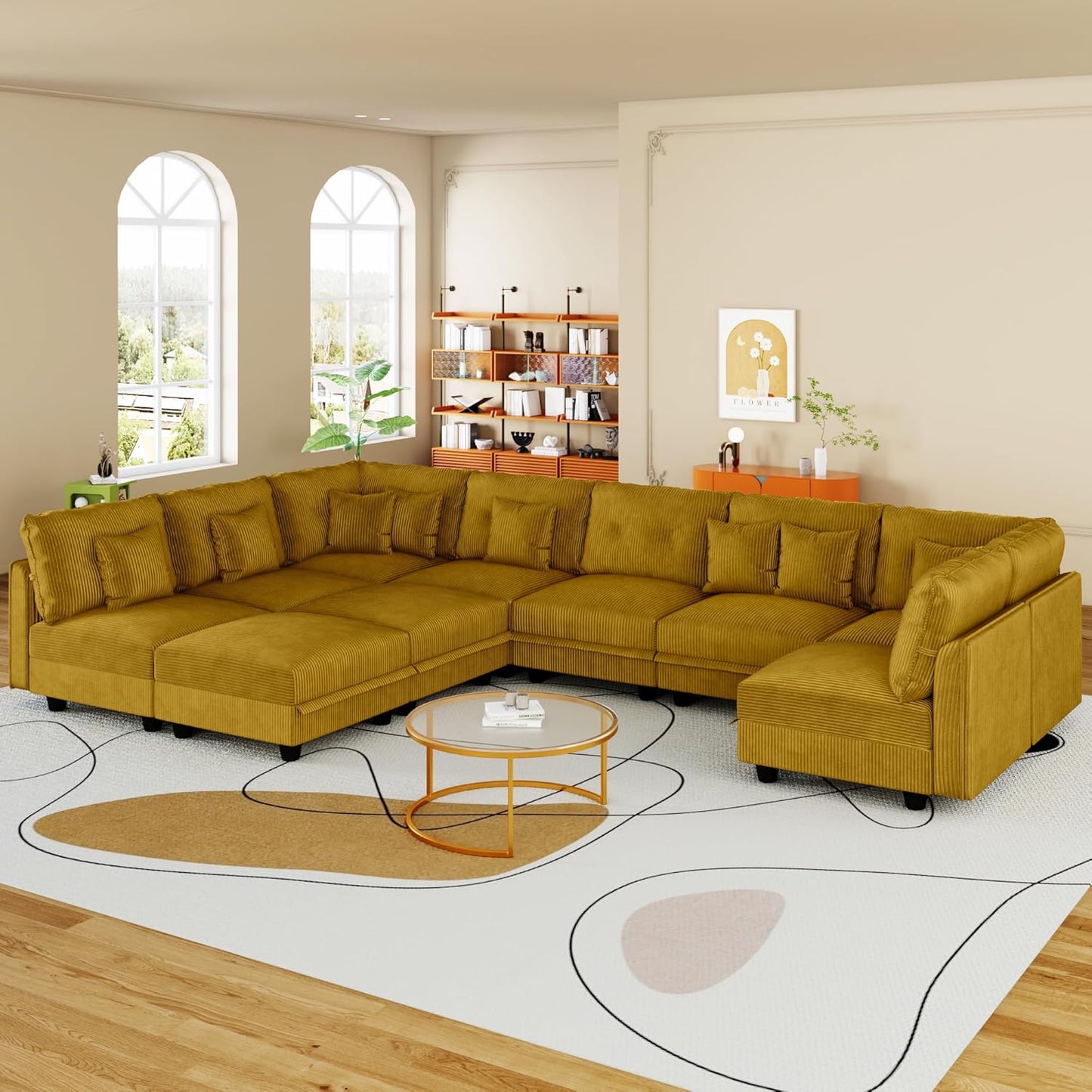 LLappuil Modular Sectional Sofa with Storage Seats, Corduroy Convertible Modular U Shaped Sectional Couch for Living Room, 10 Seat Oversized Sofa with 10 Back Cushion 10 Throw Pillow, Yellow